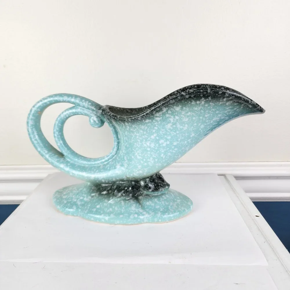 Hull USA Vintage Cornucopia Aqua and Grey Speckled
